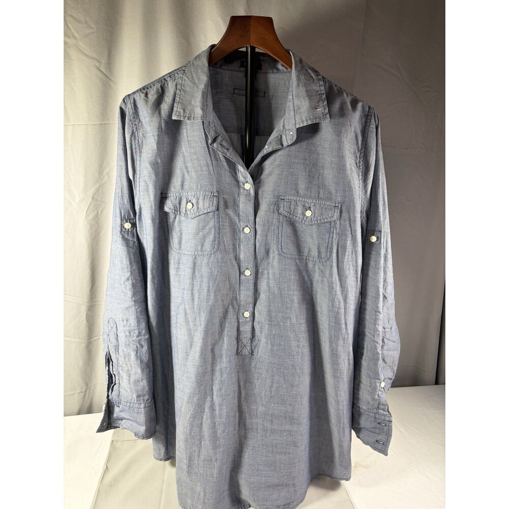J Crew Roll Tab Long Sleeve 1/2 Button Chest Casual Top Blouse Sz L Preppy